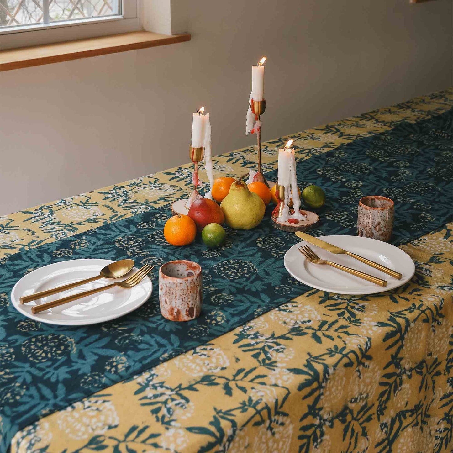 Green Floral Table Runner, Block Print Cotton | Flower Field