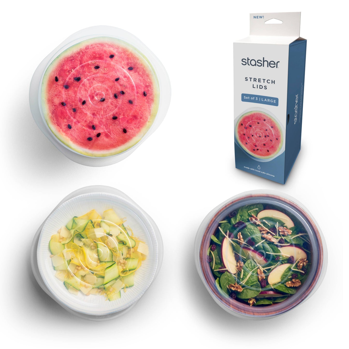 STASHER STRETCH LIDS LARGE 3 -PACK:CLEAR
