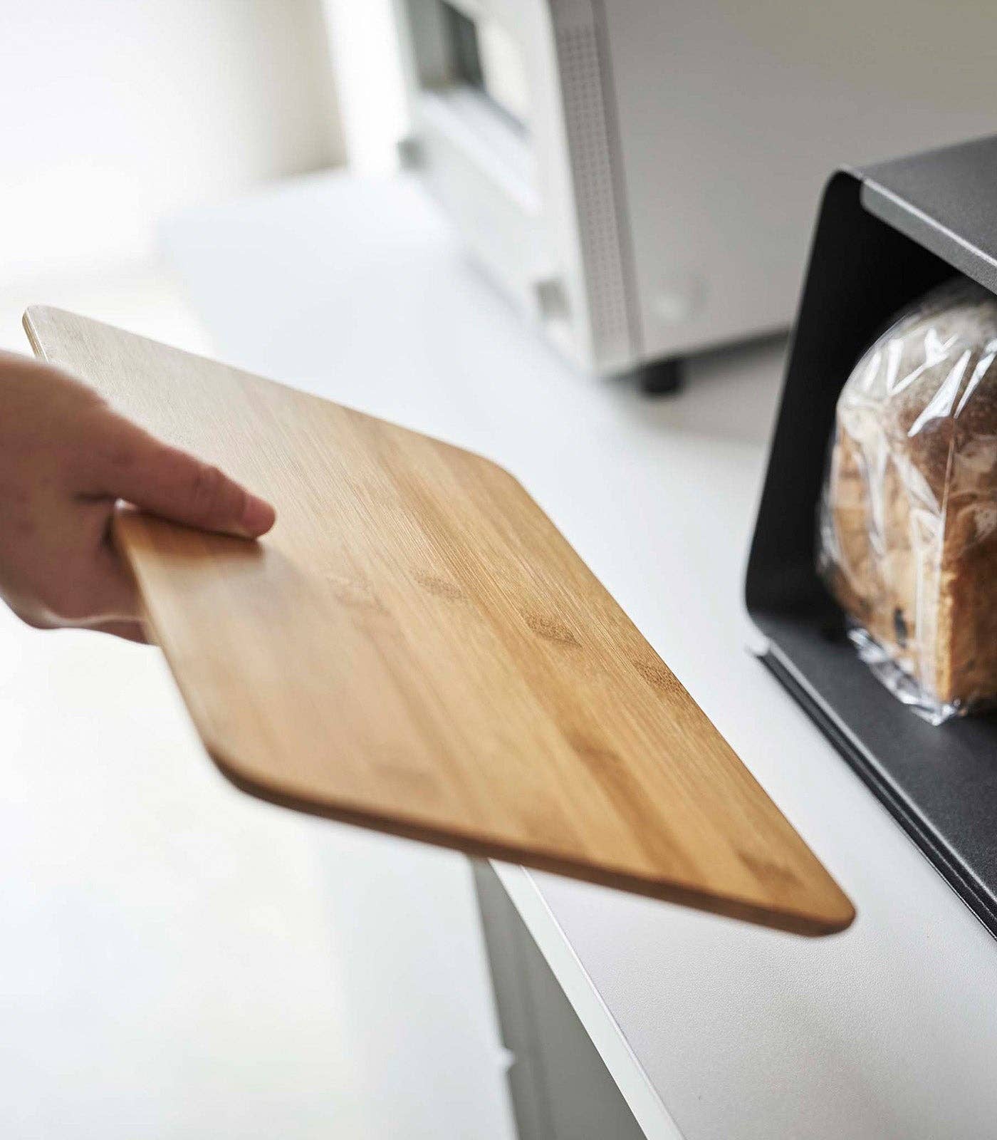 Bread Box with Cutting Board Lid - Steel + Wood: White
