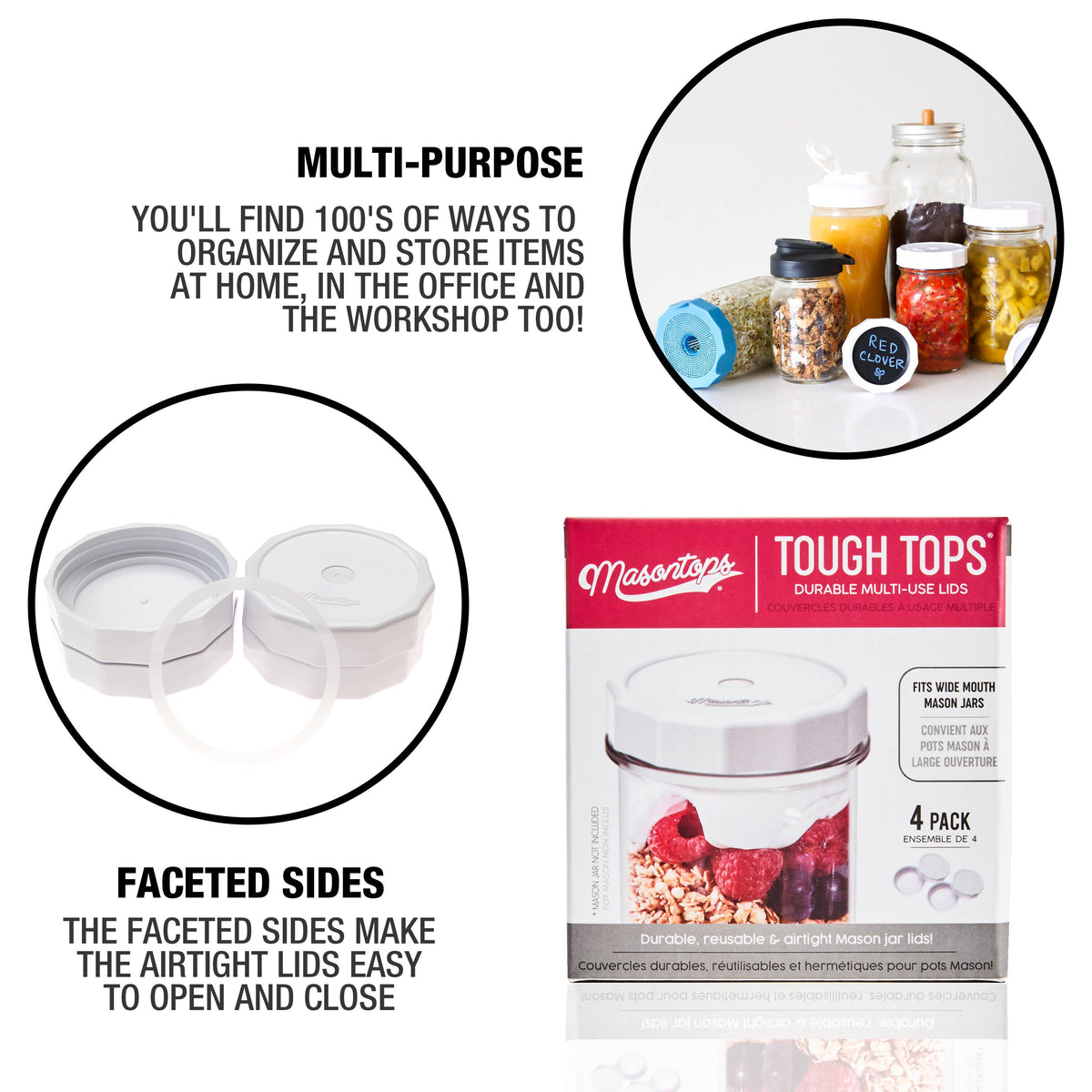 White Tough Top Plastic Mason Jar Lids: Regular Mouth