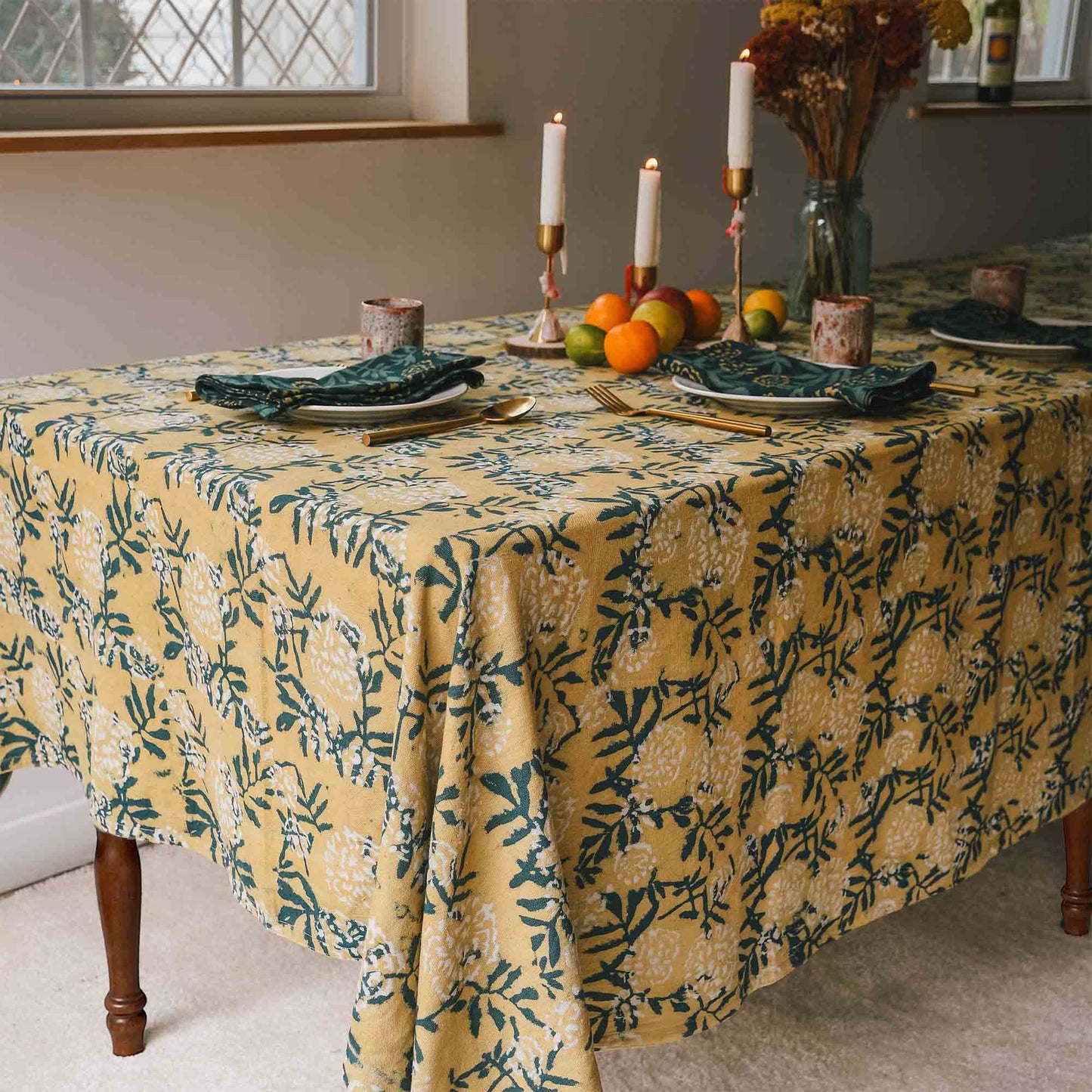 Organic Cotton Block Print Tablecloth | Flower Field: 56"x108"