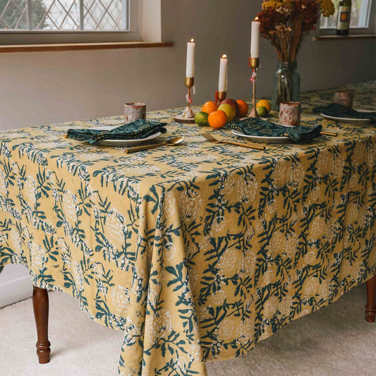 Organic Cotton Block Print Tablecloth | Flower Field: 56"x108"