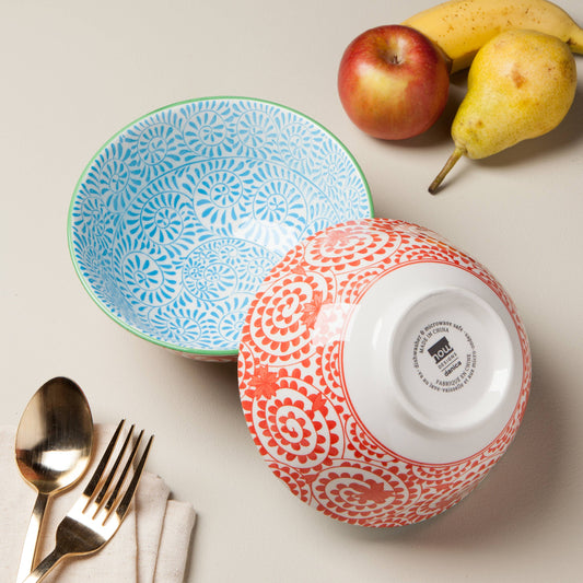 ORANGE AND BLUE SWIRL STAMPED BOWL 6"