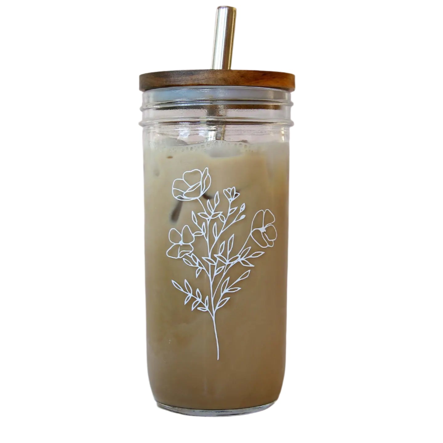 GLASS TUMBLER W/BAMBOO TOP AND STRAW FLORAL 22OZ