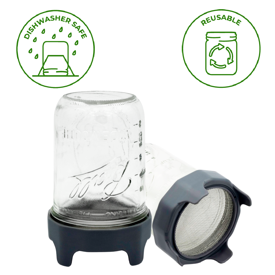 RUST PROOF SPROUTING LID WITH BUILT-IN STAND FOR WIDE MOUTH: CHARCOAL GRAY WITH JAR