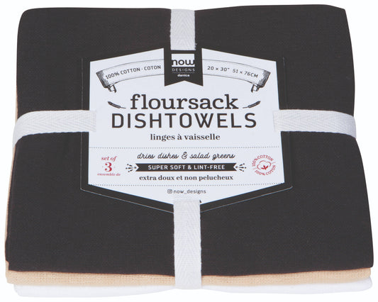 BLACK OYSTER WHITE FLOURSACK DISHTOWELS SET OF 3