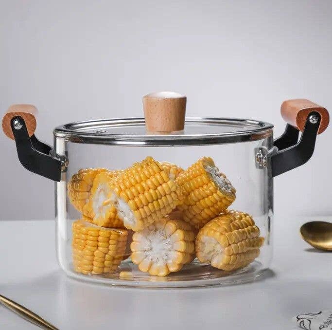 HEAT-RESISTANT GLASS COOKING POT W/ WOODEN HANDLES 2.5L