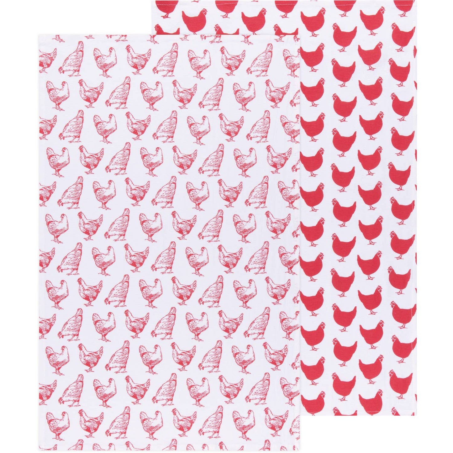 CHICKENS PRINT RED FLOURSACK DISHTOWELS SET OF 2