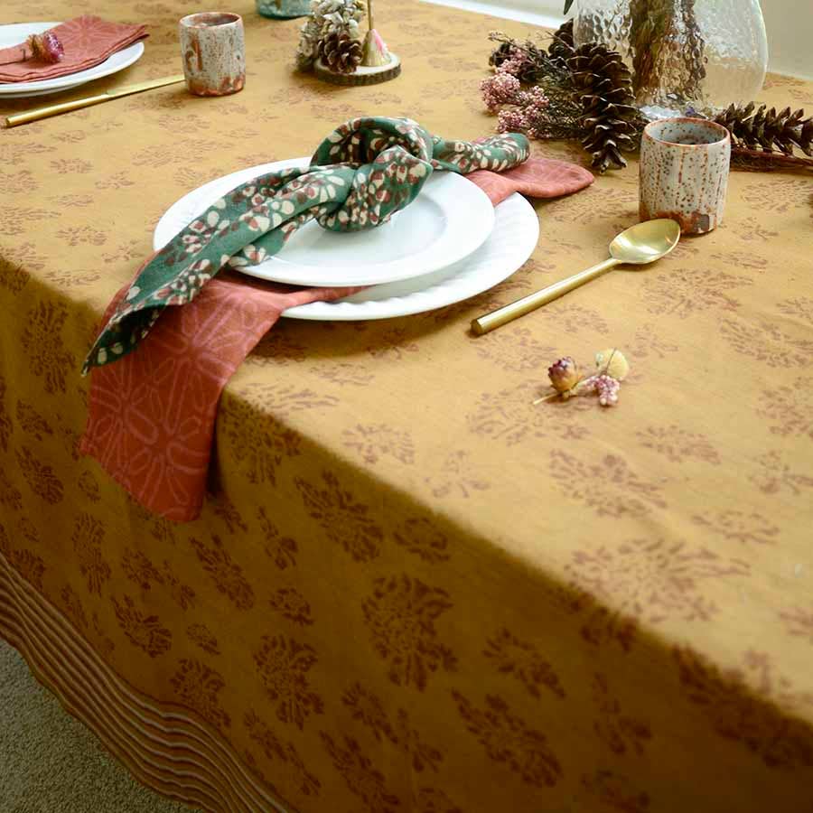Organic Cotton Tablecloth, Block Print Floral | Marigold: 56"x84"