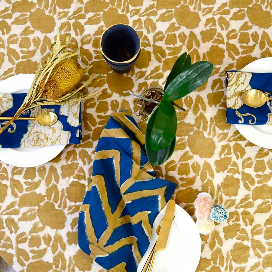 YAN BLOCK PRINT ORGANIC COTTON LARGE CLOTH TABLECLOTH: 56"X108"