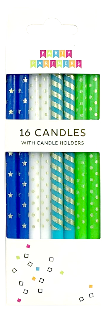 BLUE & GREEN METALLIC PATTERNED 16 CANDLE SET