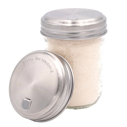 SUGAR DISPENSING STAINLESS STEEL LIDS FOR MASON JARS 2 PACK: WIDE MOUTH