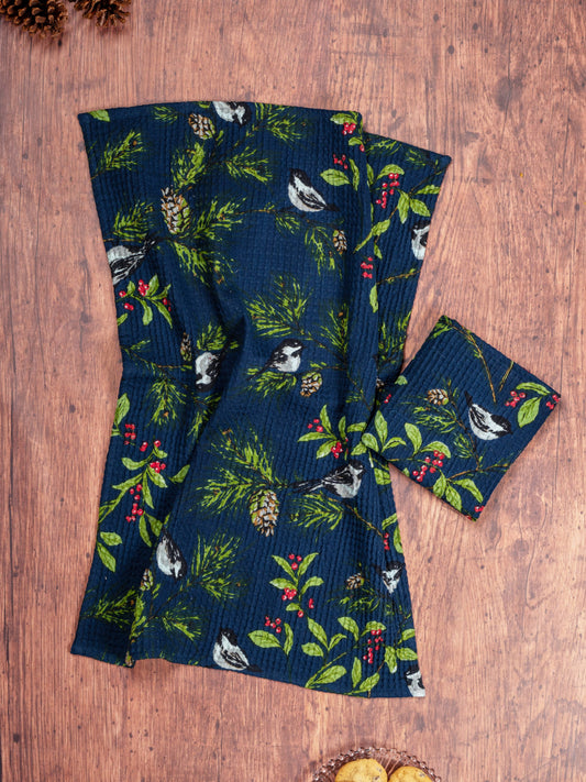 Chickadee Tea Towel-Navy