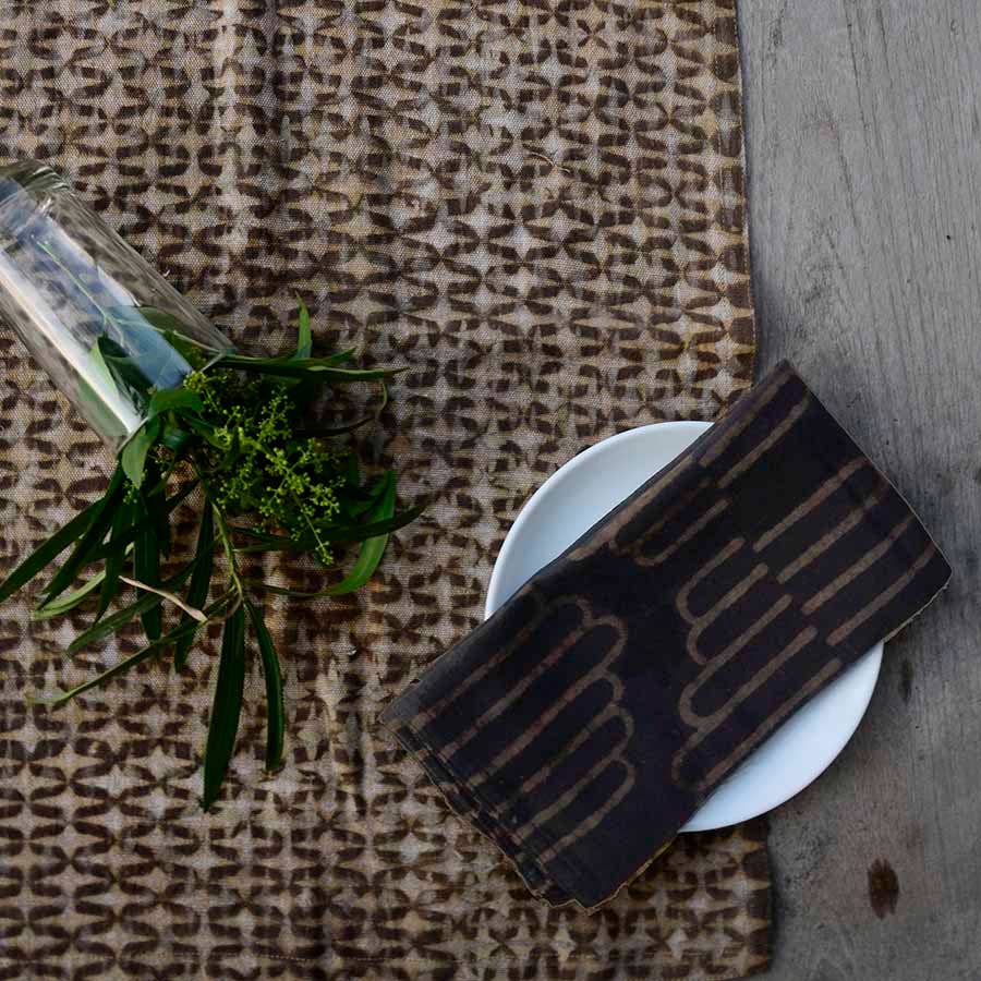 Textural Block Print Cotton Linens Table Runner - Sparrow