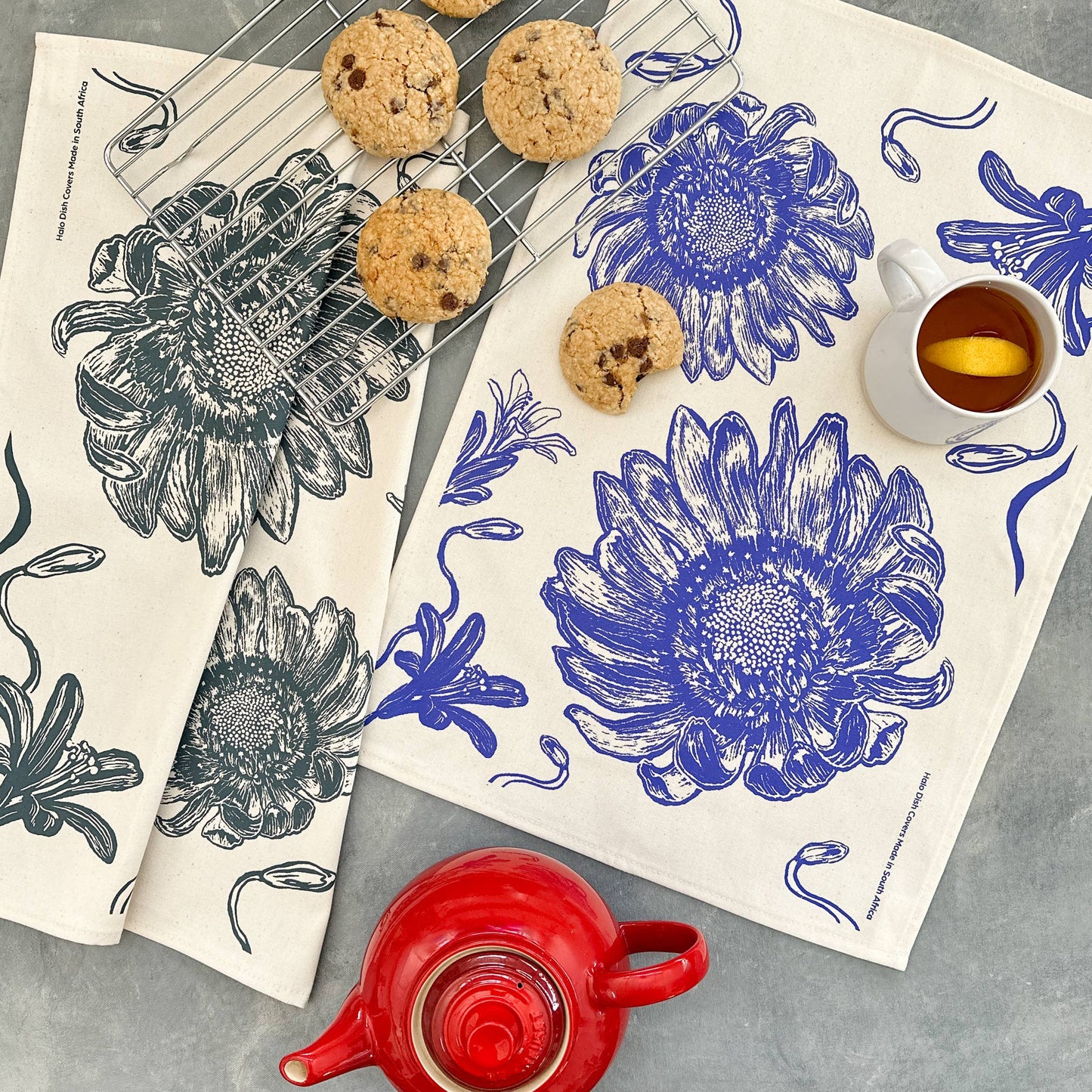 HALO TEA TOWEL COTTON AFRICAN FLOWERS MIDNIGHT BLUE