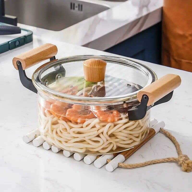 HEAT-RESISTANT GLASS COOKING POT W/ WOODEN HANDLES 3.5L