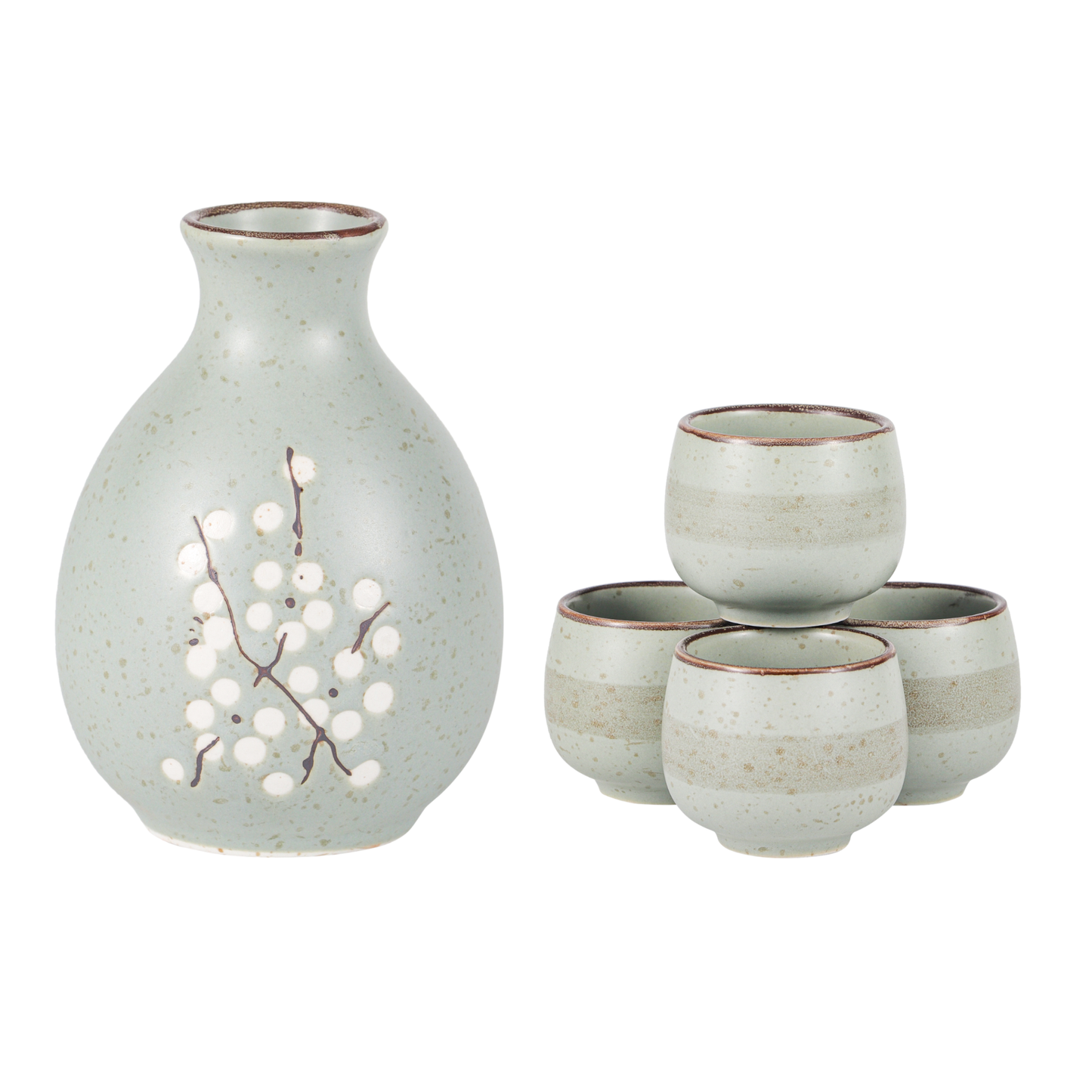 Blue Plum Blossom Porcelain Glazed 9 oz Sake Bottle and 4 Cups Gift Set (1/24)
