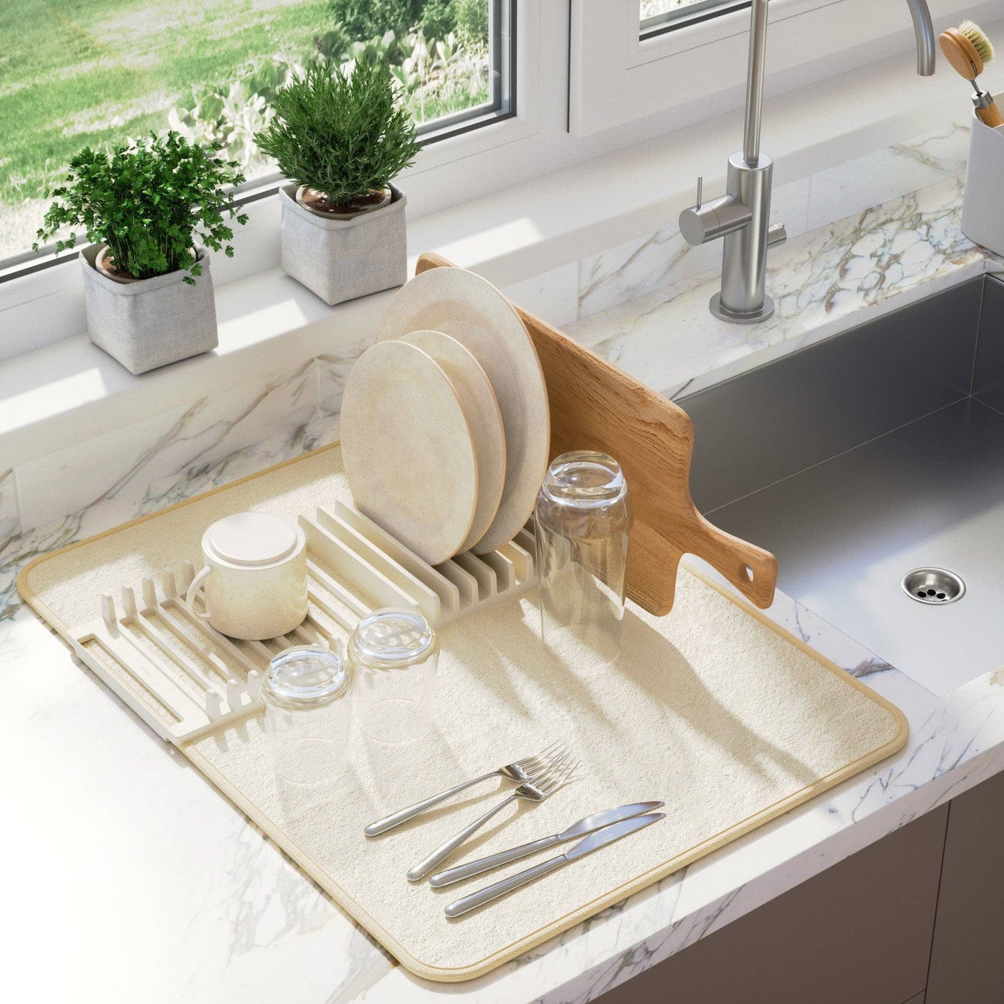 UDRY DISH RACK WITH DRYING MAT: LINEN