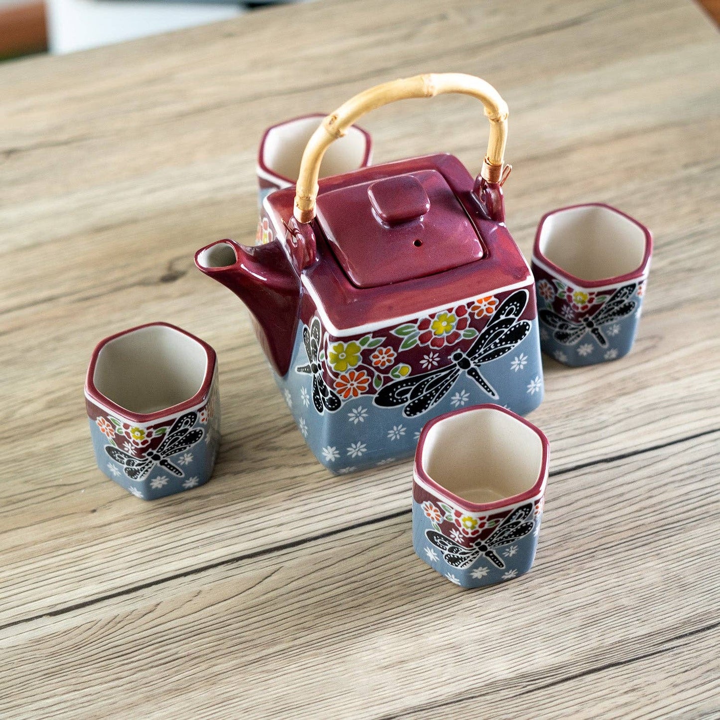 Dragonfly Tombo Design Tea Set 20oz Tea Pot with 4 Hexagon Cups (4/8)