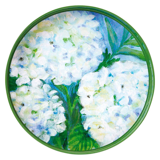 WHITE HYDRANGEA 15 INCH ROUND TRAY