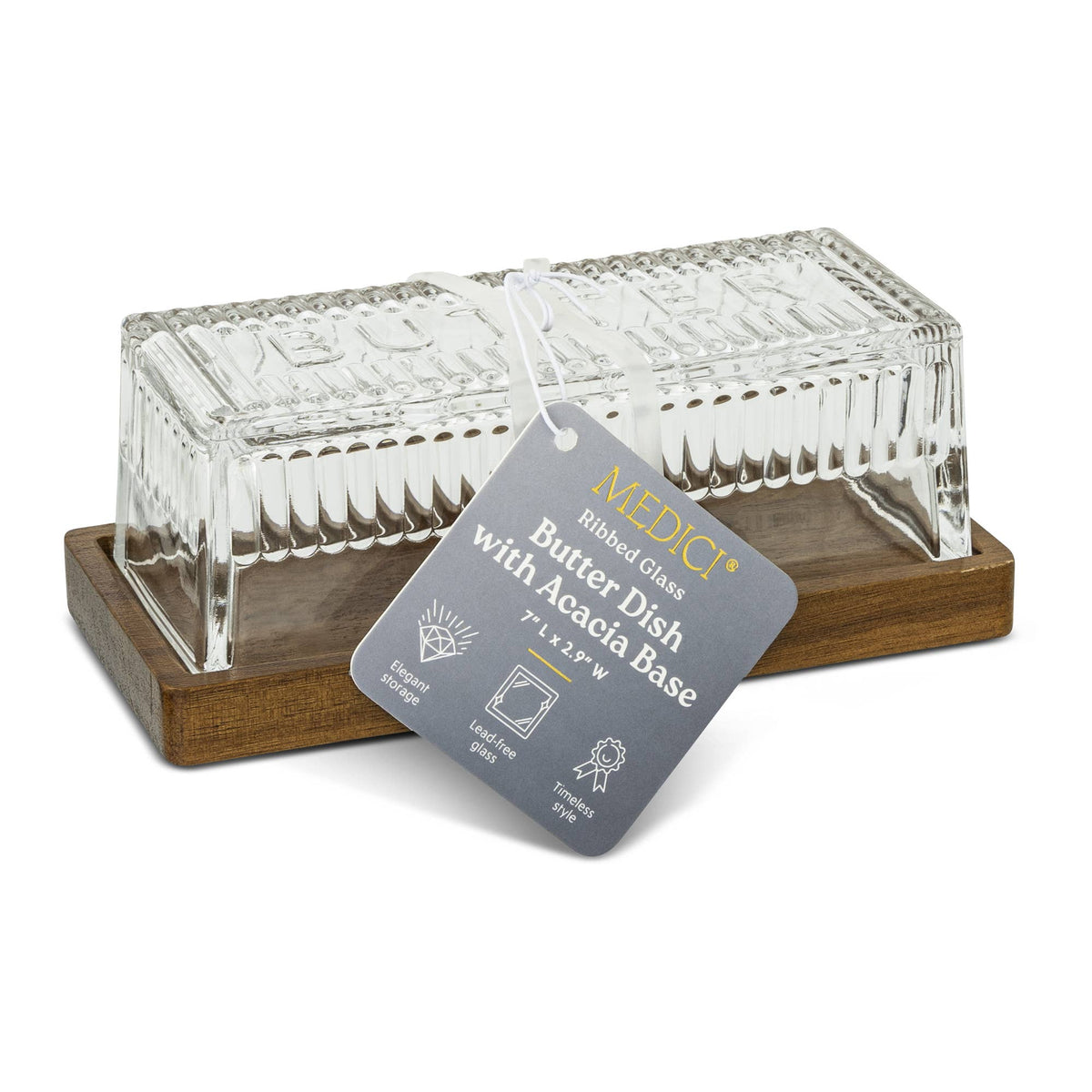 Ribbed Glass Butter Dish w/ Acacia Base