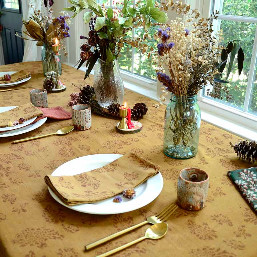 Organic Cotton Tablecloth, Block Print Floral | Marigold: 56"x84"