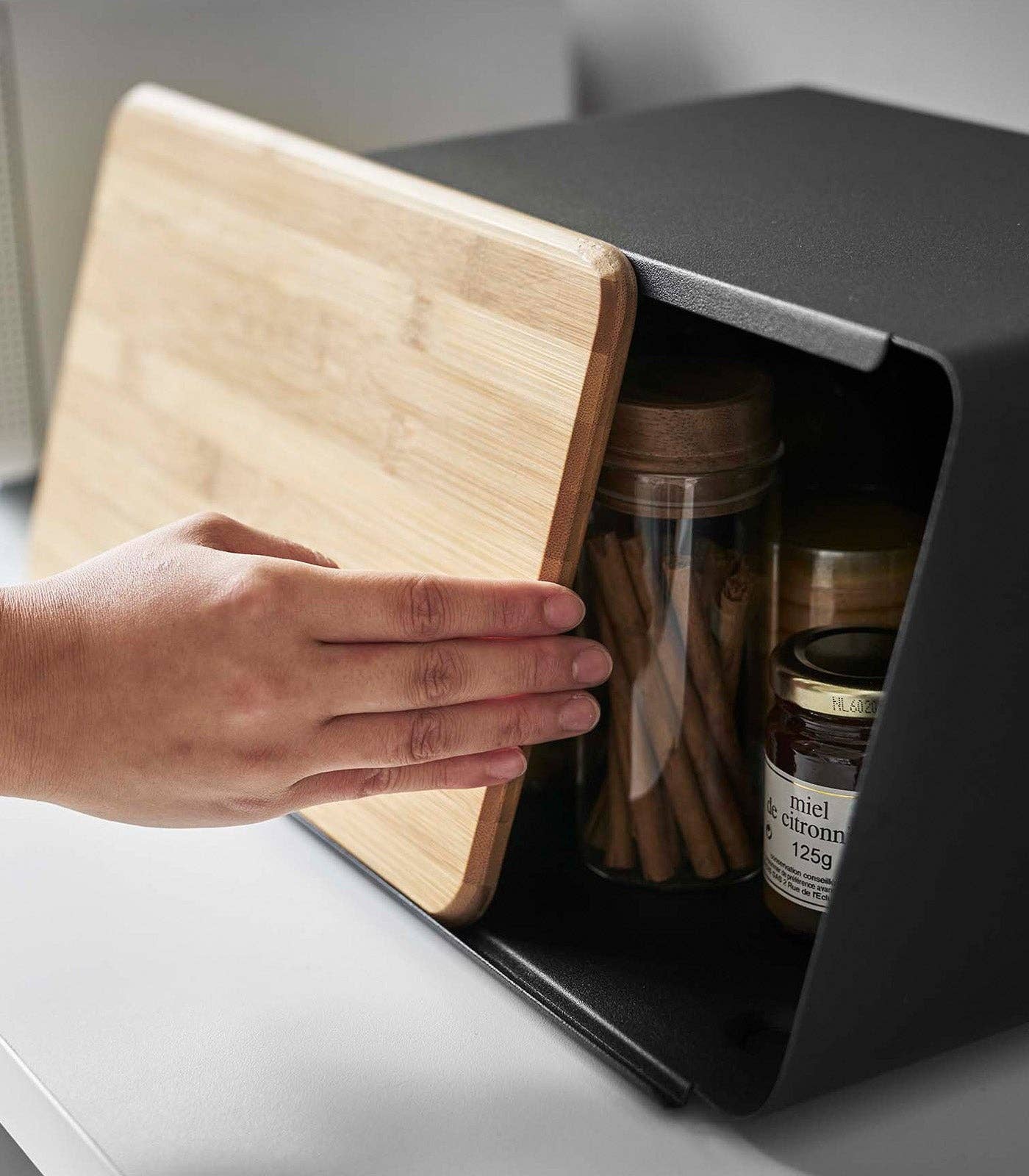Bread Box with Cutting Board Lid - Steel + Wood: White
