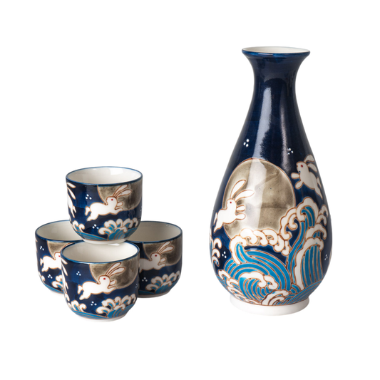 MOON RABBIT SAKE BOTTLE AND 4 CUPS GIFT SET 10 OZ