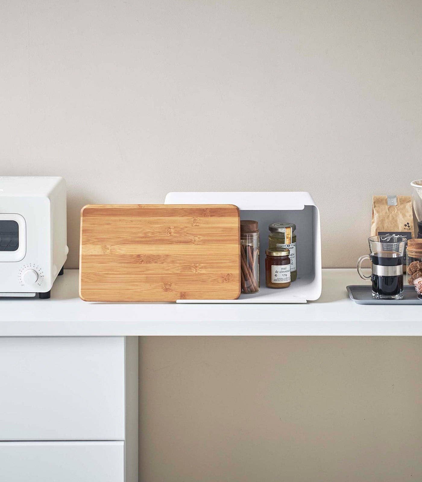 Bread Box with Cutting Board Lid - Steel + Wood: White