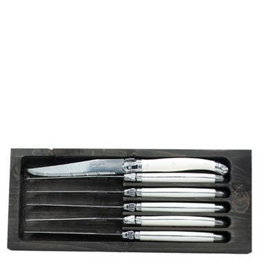 Jean Dubost 6 Steak Knives with White Handles in Black Tray