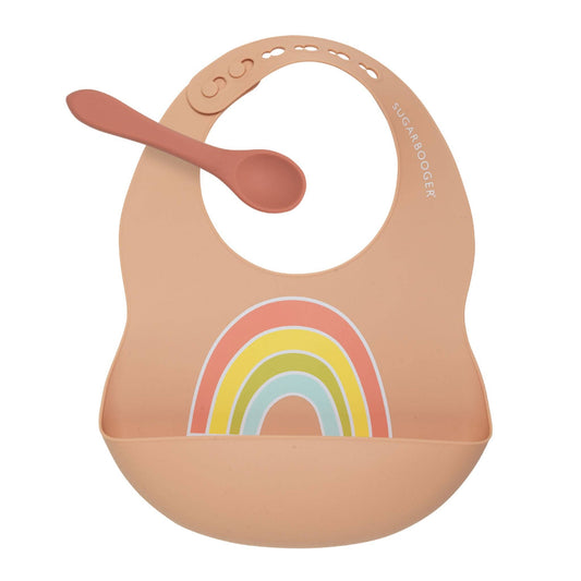 SILICONE BIB & SPOON SET:  RAINBOW