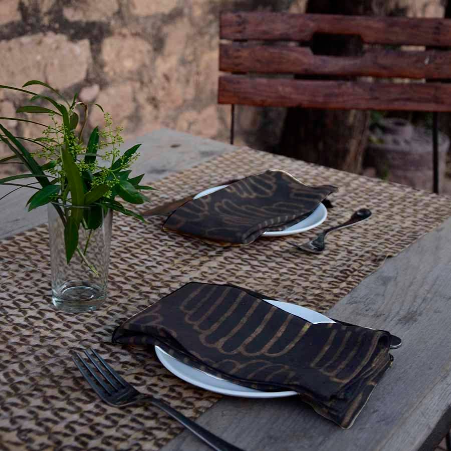 Textural Block Print Cotton Linens Table Runner - Sparrow