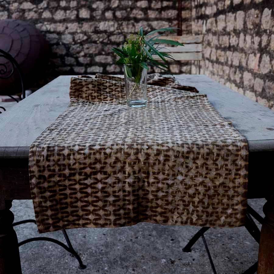 Textural Block Print Cotton Linens Table Runner - Sparrow