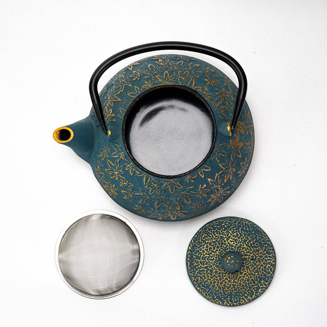 Turquoise Maple Leaves Momiji Design 40oz Cast Iron Tea Pot (1/8)