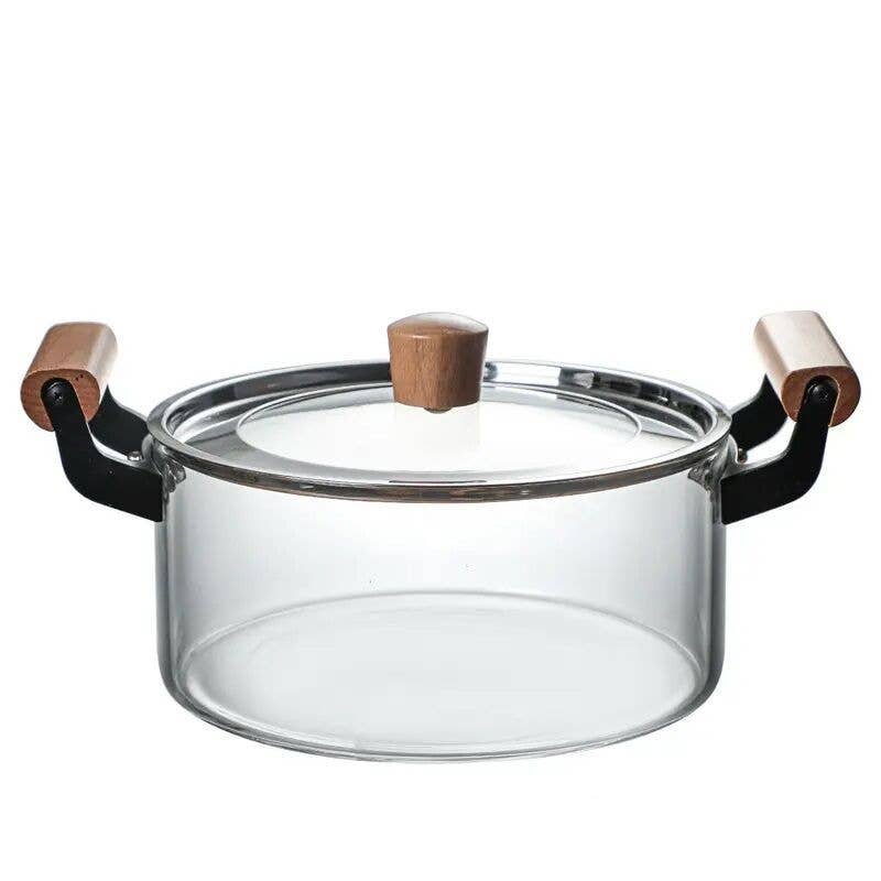 HEAT-RESISTANT GLASS COOKING POT W/ WOODEN HANDLES 2.5L