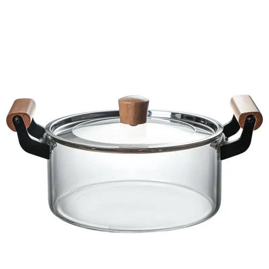 HEAT-RESISTANT GLASS COOKING POT W/ WOODEN HANDLES 3.5L