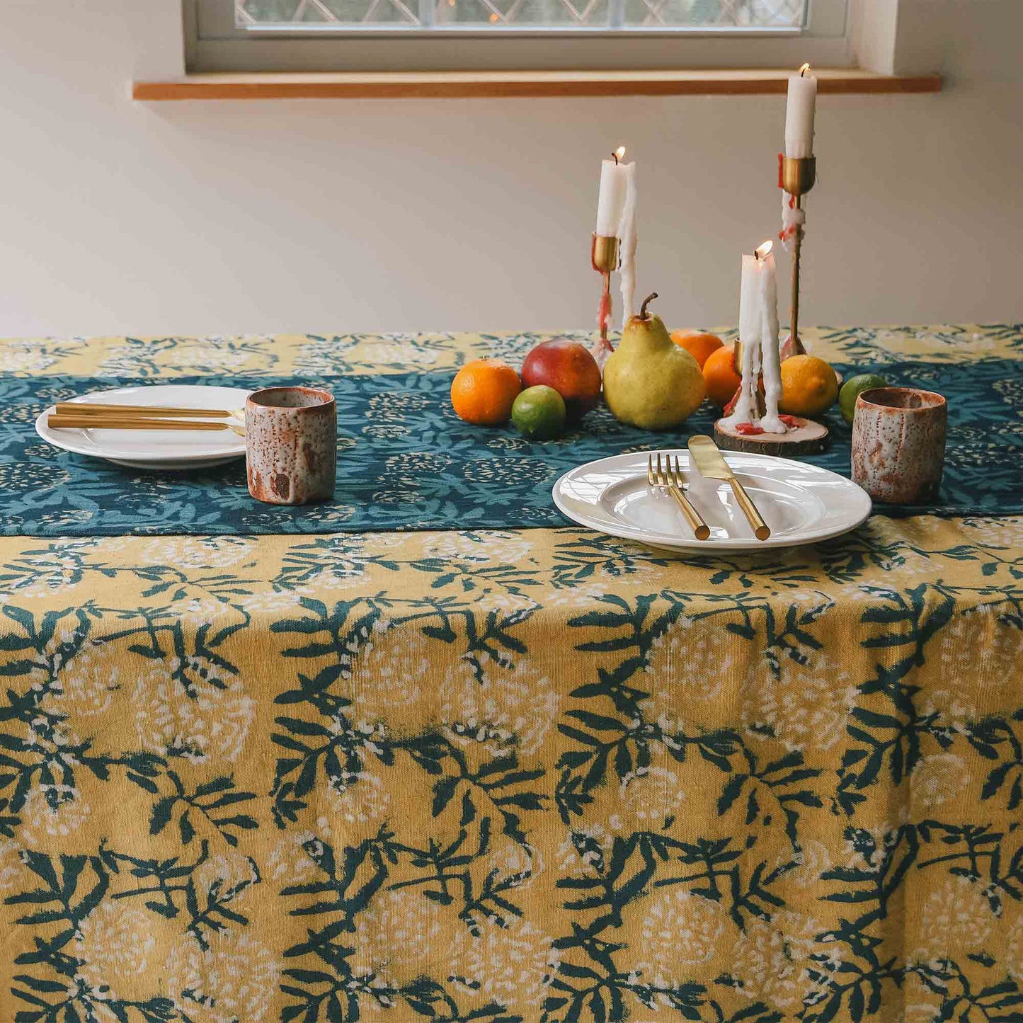Organic Cotton Block Print Tablecloth | Flower Field: 56"x108"