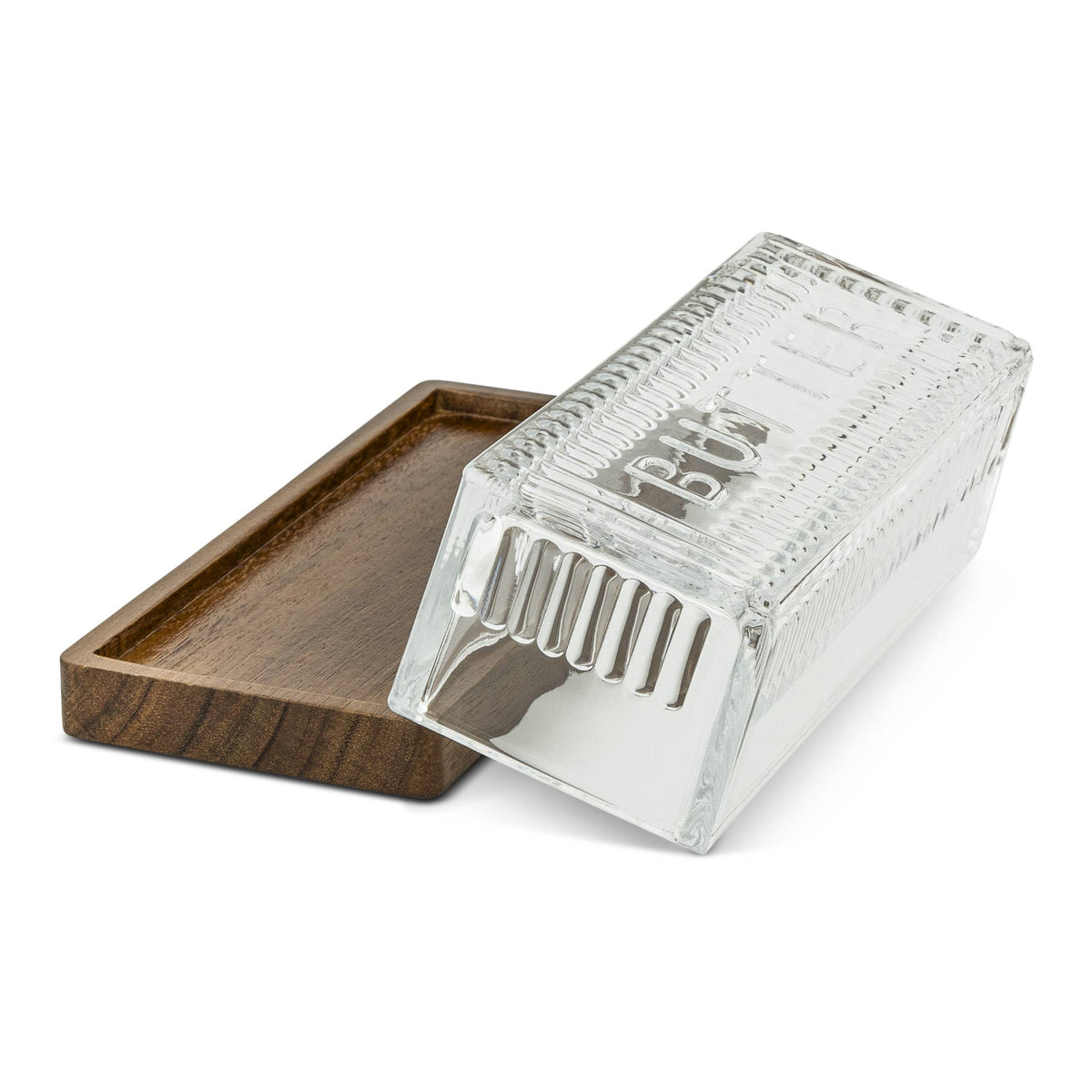 Ribbed Glass Butter Dish w/ Acacia Base