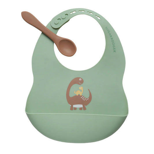 SILICONE BIB & SPOON SET:  DINOSAUR
