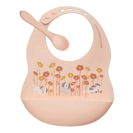 SILICONE BIB & SPOON SET:  PUPPIES