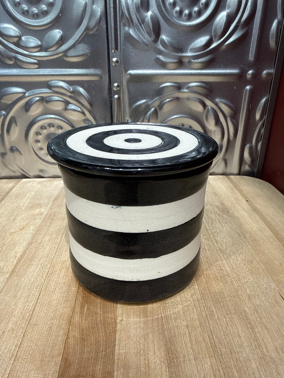 HANDMADE BUTTER CROCK- BLACK STRIPE
