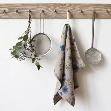 KITCHEN TOWEL FLOWERS ON NATURAL LINEN