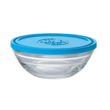 STACKABLE GLASS BOWL W/ BLUE LID 5.5"