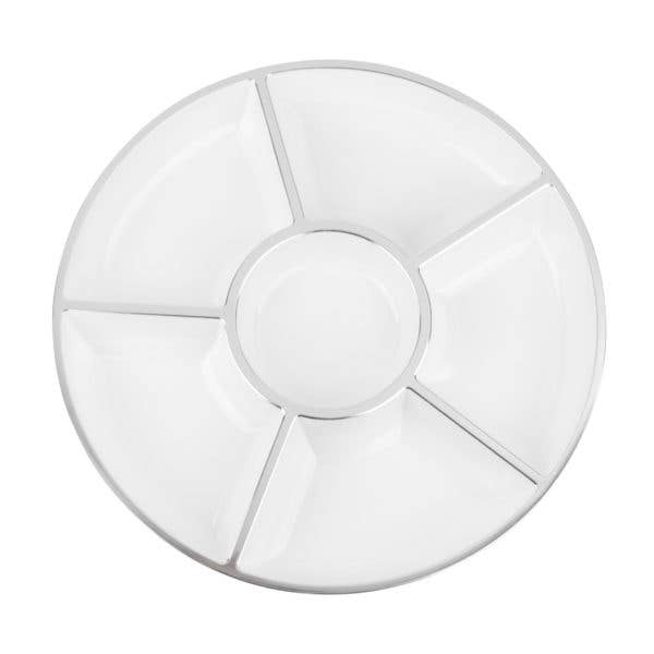 6-SECTION WHITE SERVING TRAY WITH SILVER RIM