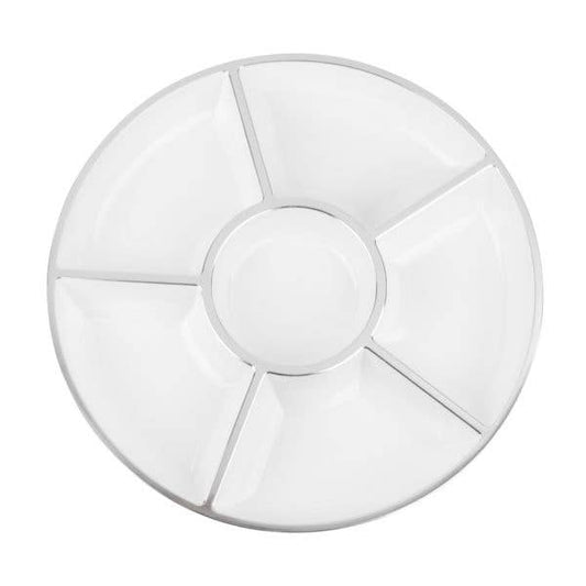 6-SECTION WHITE SERVING TRAY WITH SILVER RIM