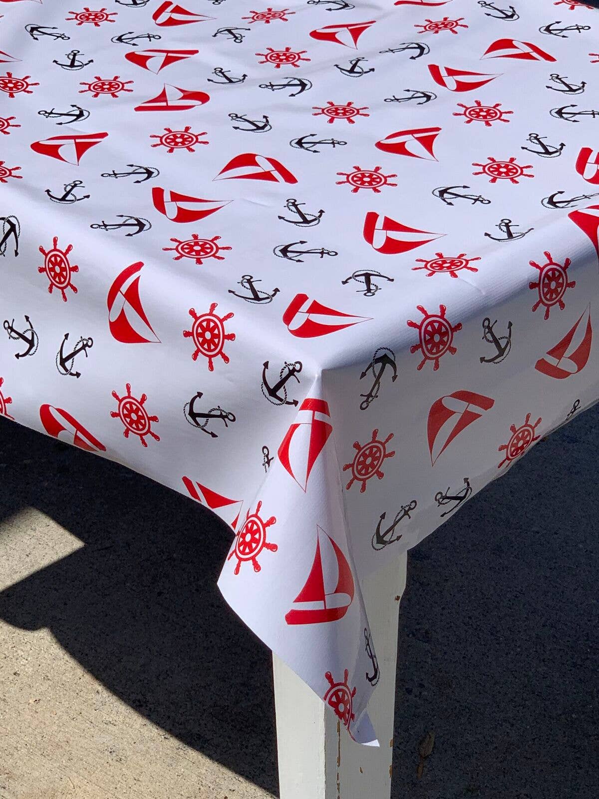 NANTUCKET NAUTICAL TABLECLOTH BLUE/RED 84 X 47.5
