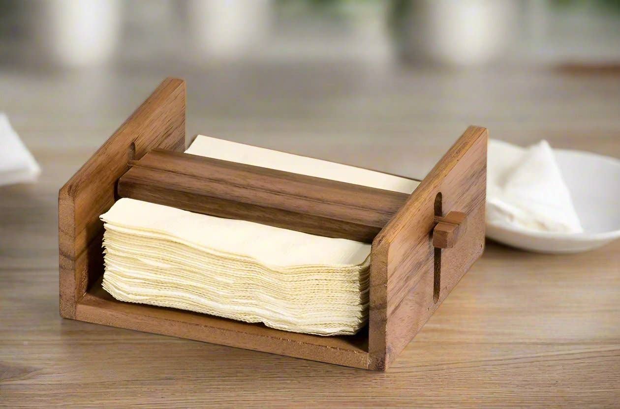 ACACIA WOOD COCKTAIL NAPKIN HOLDER-FITS 5X5 NAPKINS