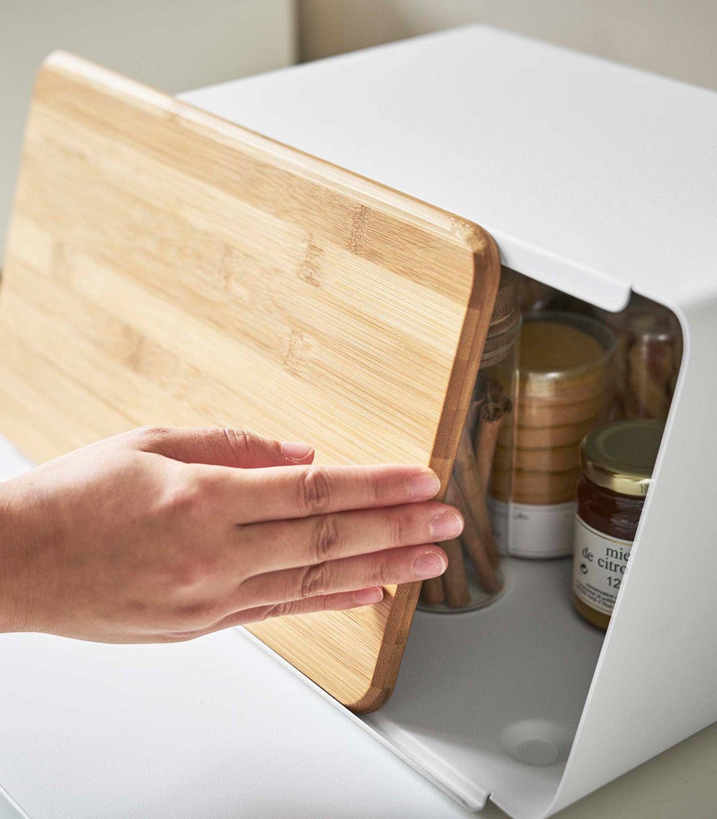 Bread Box with Cutting Board Lid - Steel + Wood: White