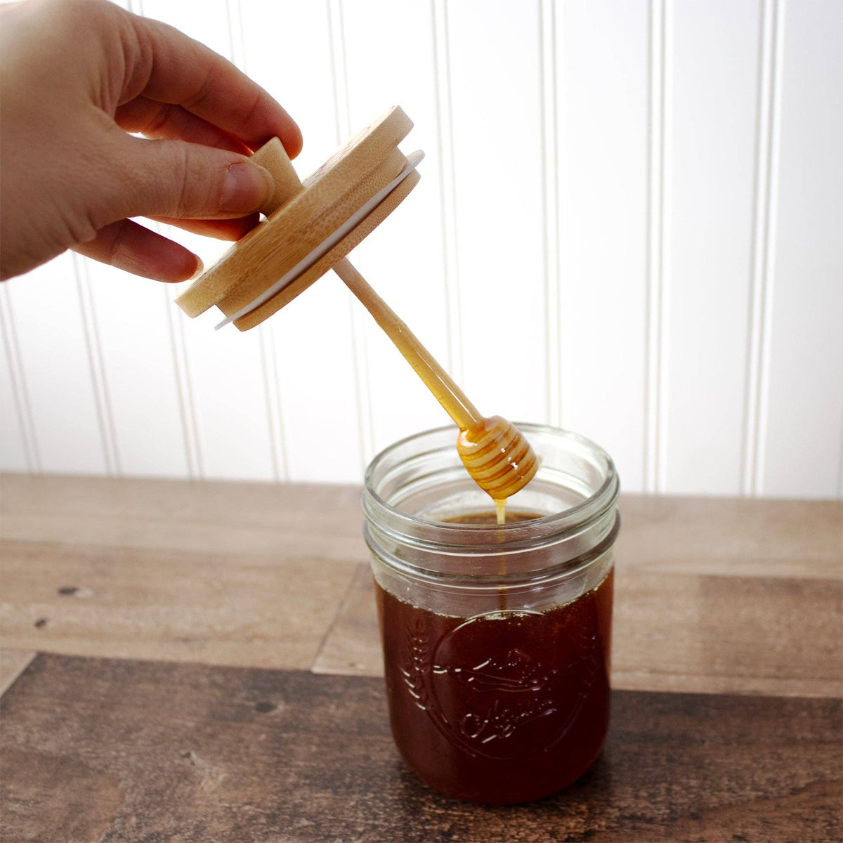 Bamboo Honey Dipper Lid for Mason Jars With Wide Mouth Jar
