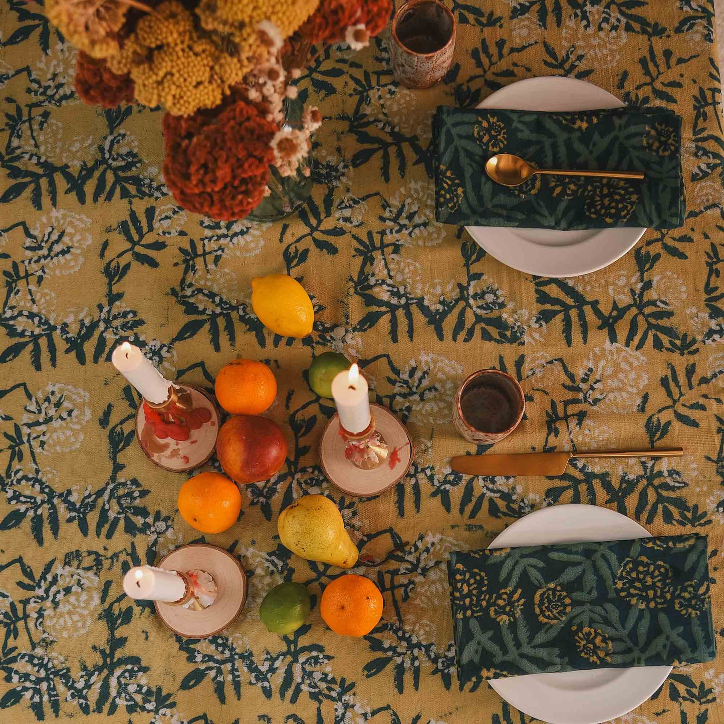 Organic Cotton Block Print Tablecloth | Flower Field: 56"x108"